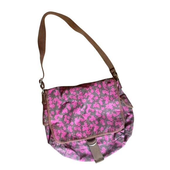 Aeropostale Brown & Pink Floral Y2K Canvas Multi-Pocket Messenger Bag Backpack - Picture 1 of 6